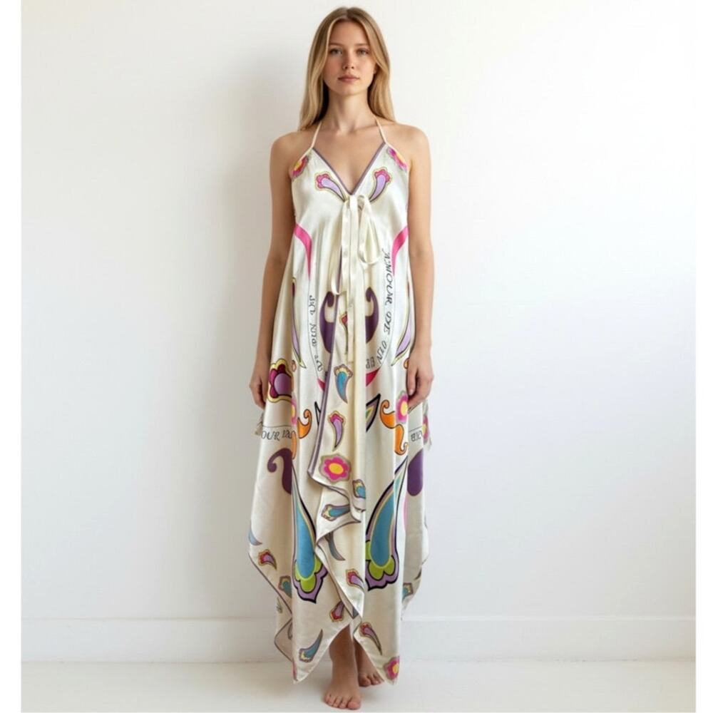 Amour de Pin Up Paris 100% Silk Maxi Dress One Size Fit Small Robe Butterfly